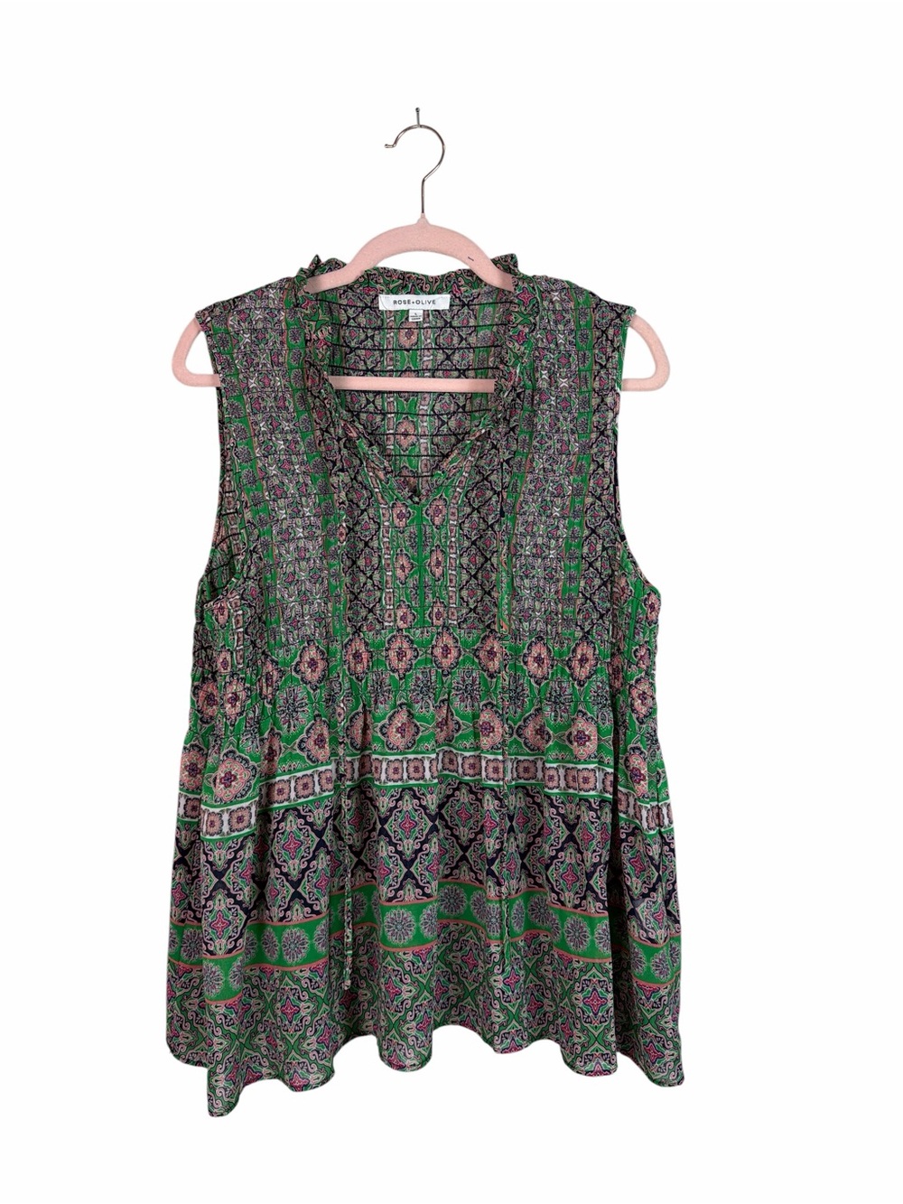 Rose + Olive Large Green Paisley Medallion Boho Sleeveless Tassel Tie Blouse